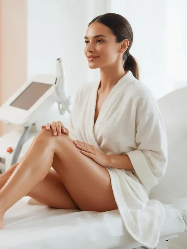Tânără cu picioare netede după epilare definitivă cu laser, lângă aparatul de epilare